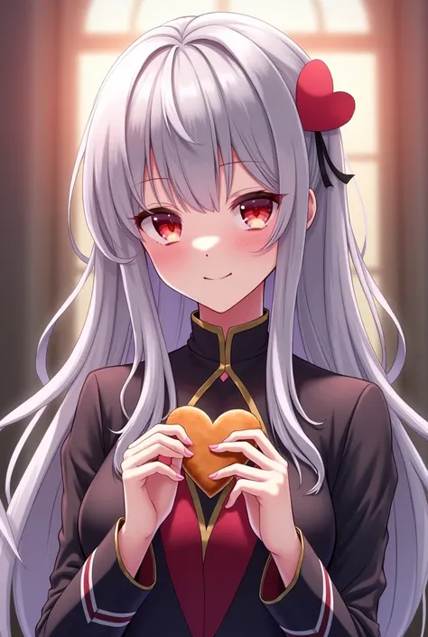 Girl with long silver hair and crimson eyes wearing a Kaisen jujutsu uniform similar to that of Nobara and with heart-shaped cookies in her hand