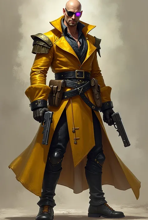 Baseado em league of legends,  a bald gunslinger with an eye slap , Yellow clothes with black details , thin, Purple eye,  he has a pistol in his hand and another in his holster