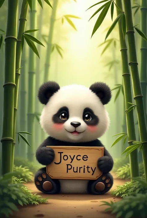 A cute panda in the bamboo forest with a sign in the name of Joyce Purity