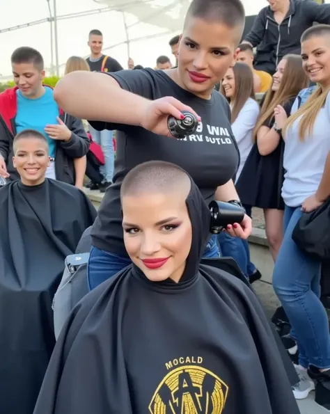 Real photograph of two beautiful women, (one currently shaving the others head bald). ((((first woman is completely bald, hairless, the skin on her head is pale and smooth)))). (((first woman completely bald head))). (((she is holding "Wahl" hair clippers ...