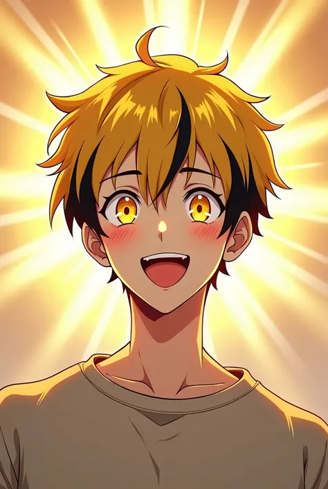 Make a white-boy ,  yellow eyes , smiling,  dark circles under the dark circles on your face ,  yellow hair with black highlights, with a sweatshirt .  Make an appearance of a ray around . anime line