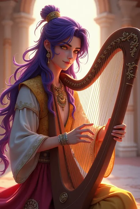 (anime style 3d) a young man in his twenties, long purple hair, golden eyes, lean and whimsical figure, a mix of medieval and southern asian clothing, with jewelries, playing harp.