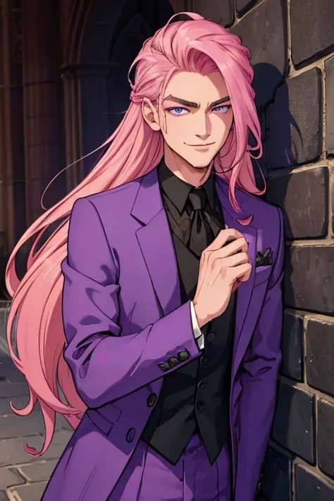 Perfect face. Perfect hands. A handsome pink haired man with violet eyes with long hair in a Gothic suit is smiling while leaning against a wall in a Gothic ballroom