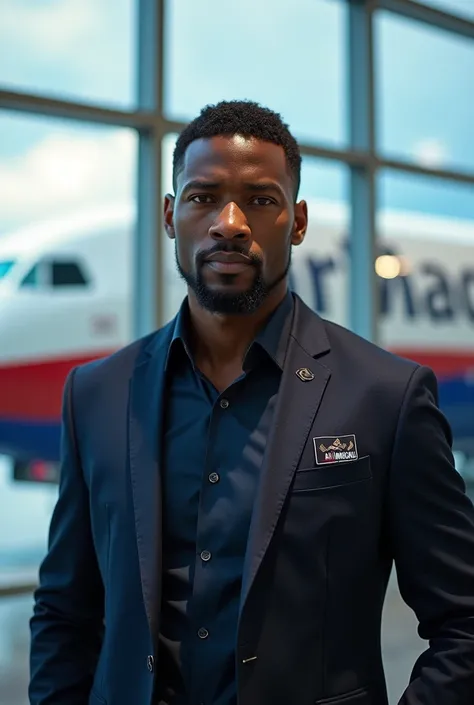 I would like to depict a strong, marvel black panther man working as an airline representative for Air Macau at Kuala Lumpur International Airport. He should have a confident, professional appearance, dressed in an Air Macau font shirt. If possible, he cou...