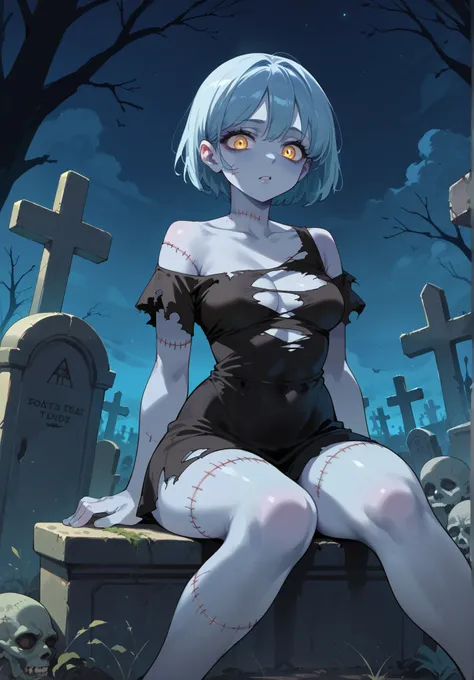 zombie girl, undead, light blue skin, body stitches, torn up clothes, sitting on a grave, cemetery, night time,