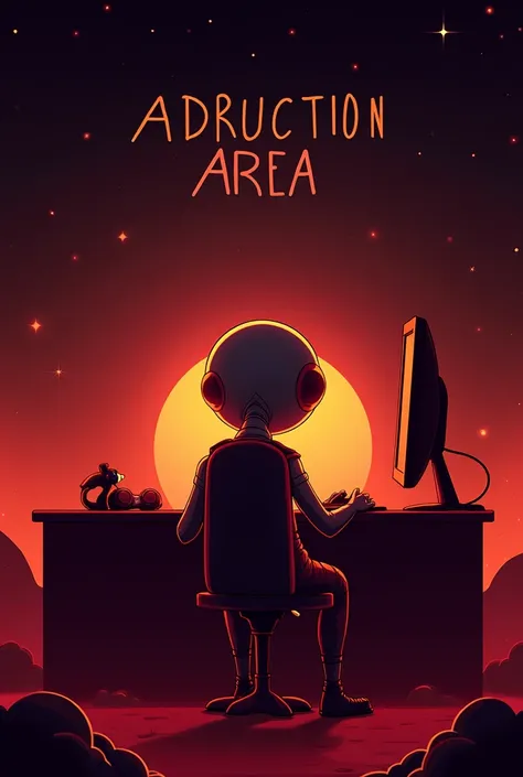  image for the cover of a YouTube channel with the standard format and with the name "Abduction Area ",  with a predominance of the colors red and yellow ,  with a round-headed alien sitting in front of the computer playing,  item abduction theme focused o...