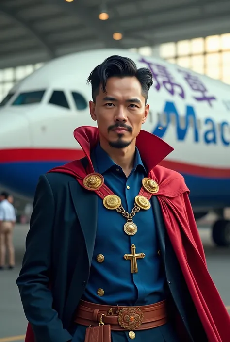 I would like to depict a strong,marvel characters doctor strange working as an airline representative for Air Macau at Kuala Lumpur International Airport. He should have a confident, professional appearance, dressed in an Air Macau font shirt. If possible,...