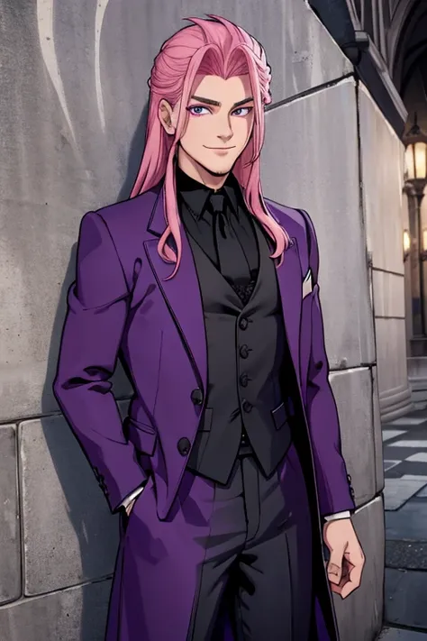 Perfect face. Perfect hands. A handsome pink haired man with violet eyes with long hair in a Gothic suit is smiling while leaning against a wall in a Gothic ballroom