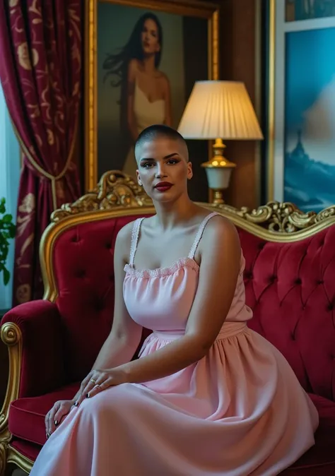 (((Her head is shaved fully bald))). (She is aroused by the viewer and excited). the scene is a surreal, luxurious image of a woman sitting elegantly on a lavish, baroque-style couch with ornate golden carvings. She is dressed in a flowing, pink dress with...