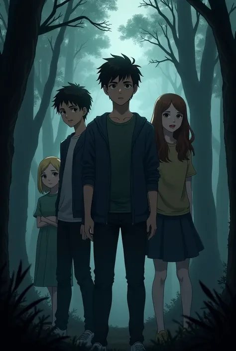 Three 16-year-old boys from behind ,  one boy in the middle and two girls (A blonde and a brunette), in a dark forest, 
