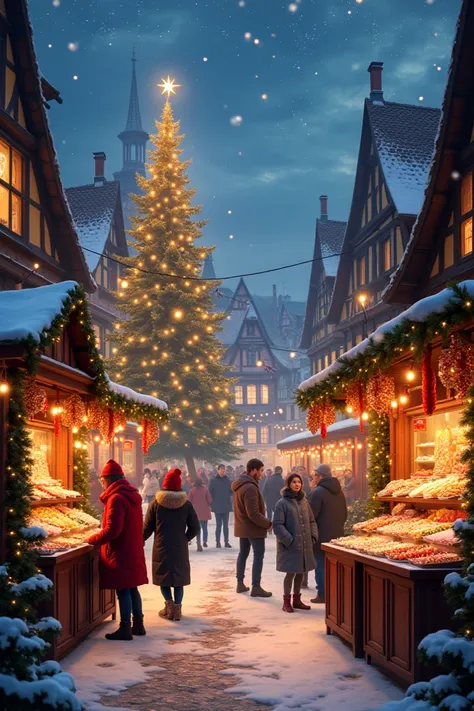  A Christmas market in Alsace ,  candy stands , Pretzels ,  kougelhopf , une fontaine,  a sparkling Christmas tree 