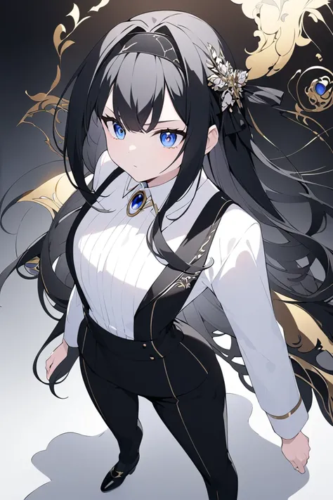 A young woman with long black hair,  that falls in perfectly stylized locks on both sides of her face .  She wears a black headband , that keeps the hair tidy ,  loose ones frame her oval .  Her expression is serious , with big, detailed eyes, shiny black,...