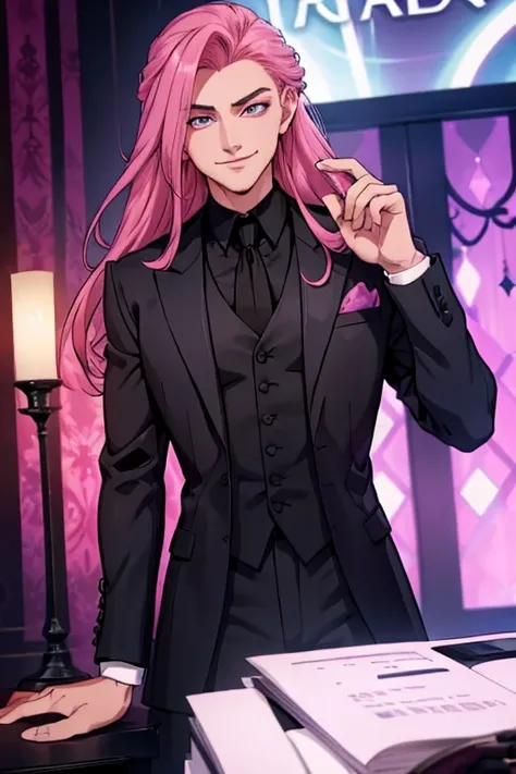 Perfect face. Perfect hands. A handsome pink haired man with violet eyes with long hair in a Gothic suit is smiling while leaning foreward in a Gothic ballroom