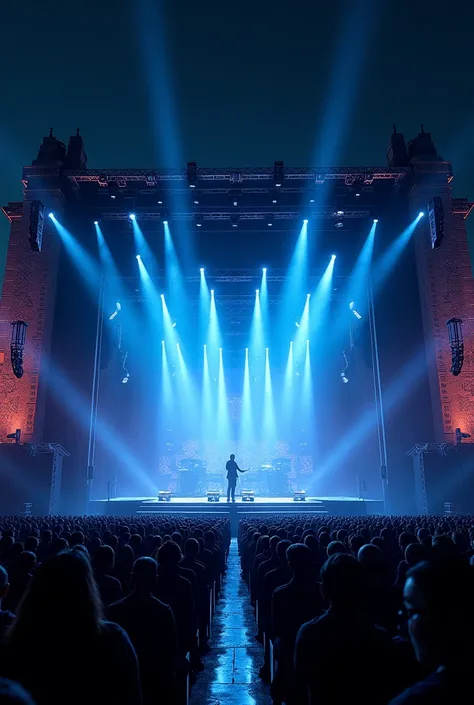 rock concert stage seen from a grandstand diagonally without singers on the stage brightly lit with blue and white lights