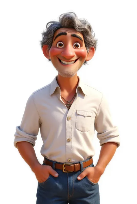 - Man, 60 years old. Dressed in a white shirt and jeans. slightly gray hair. Looking forward and smiling slightly .  white background.  illustration style/cartoon.