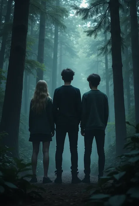 Three 16-year-old boys from behind , 
A boy in the middle, deux filles (A blonde and a brunette), in a dark forest, 
