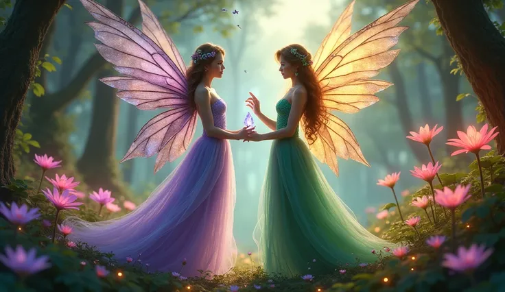 
Two adult fairies standing in a magical grove filled with towering, glowing flowers. Both have flowing dresses that match their vibrant, iridescent wings—one in shades of lavender and silver, the other in emerald green and gold. One fairy holds a glowing ...