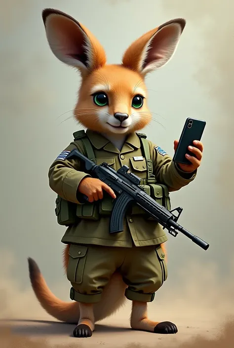  Beautiful baby kangaroo with green eyes ready for war, in military uniform, holding a cell phone taking a picture and sexy 