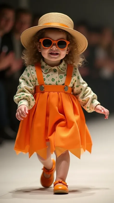 one little chubby baby girl is smiling brightly as she walks down the runway. wearing clothes made from vegetables, like a baby dress made with carrots" and round stylish sunglasses, and rounded stylish hat. her curly hair,
The background is slightly blurr...