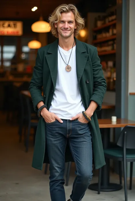  Professional Photography , realistic, taken from the front ,  photo of an Australian man , at 24 years old, He has blond hair, wavy, Ear length ,  he is wearing a white shirt and dark green open coat, dark blue jeans,  he has green eyes ,  an allstar blac...