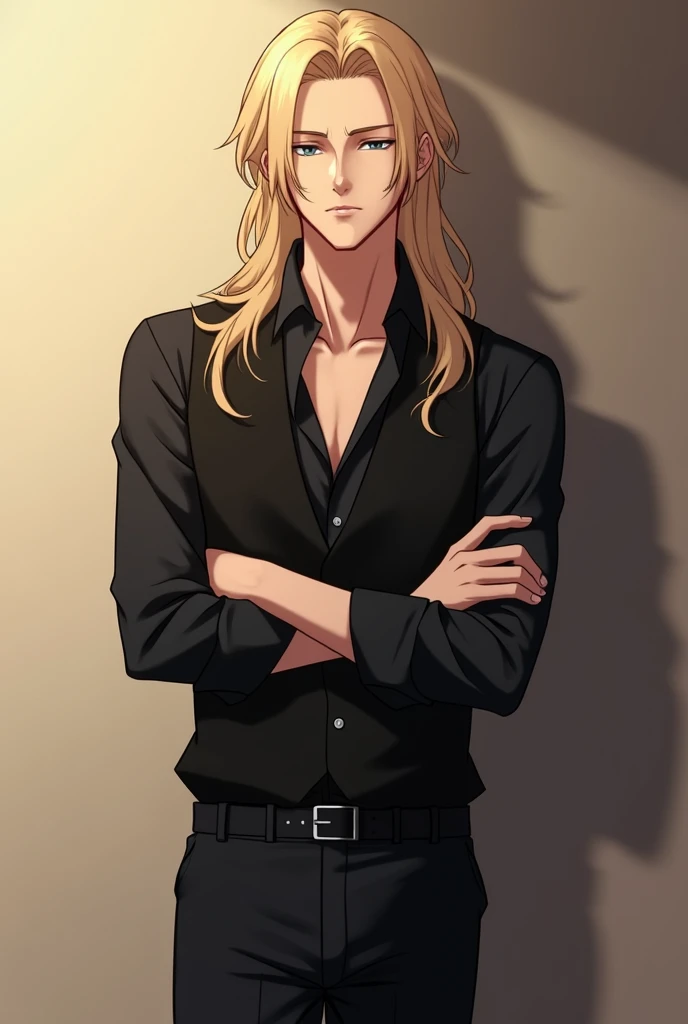  anime style . Tall man, Delicate. long wavy blond hair.  He is wearing a black dress shirt with the first buttons open and with the sleeves folded up to the elbows, black pants and black vest .  Is standing against the wall and with his arms crossed.