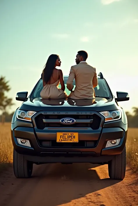 "A black Ford Ranger with the yellow  lisence FELIPEH &ENARY written prominently on the front. Sitting on the hood of the car is a Tanzanian couple, depicting a romantic scene. The woman, dressed elegantly, is holding a small white European breed dog, whil...