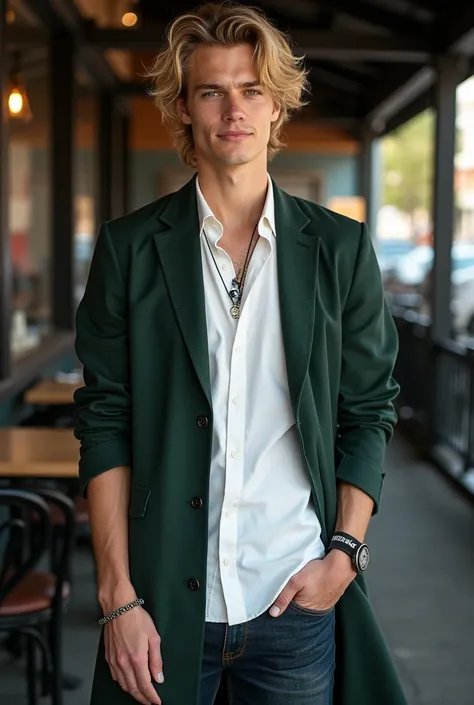  Professional Photography , realistic, taken from the front ,  photo of an Australian man , at 24 years old, He has blond hair, wavy, Ear length ,  he is wearing a white shirt and dark green open coat, dark blue jeans,  he has green eyes ,  an allstar blac...