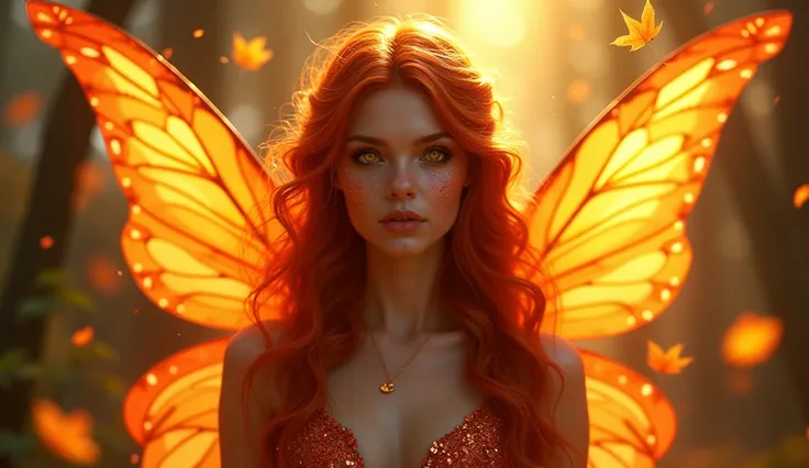 An adult fairy with vivid orange and golden wings that resemble autumn leaves. Her features are regal, with glowing freckles on her cheeks and golden eyes. Her hair cascades in fiery red waves, and the background is alive with warm, golden light and floati...