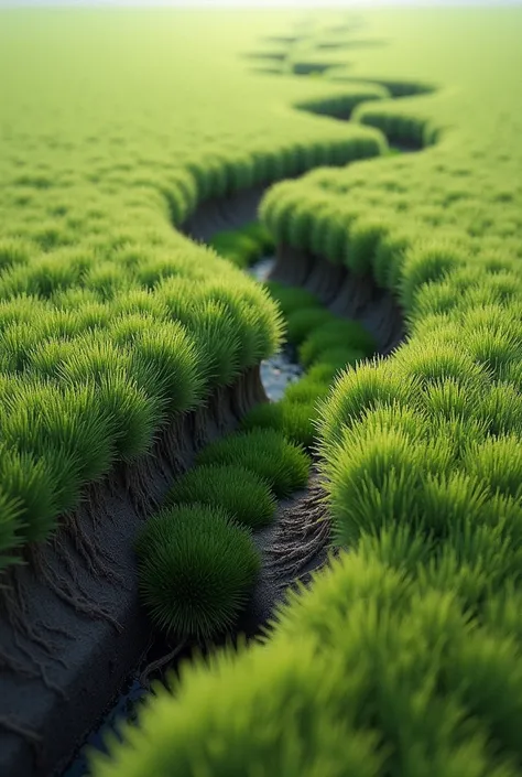  Prato with a strip of grass that comes off and creates waves from above, Like a tongue , with the earth below and the roots that break away from the ground 