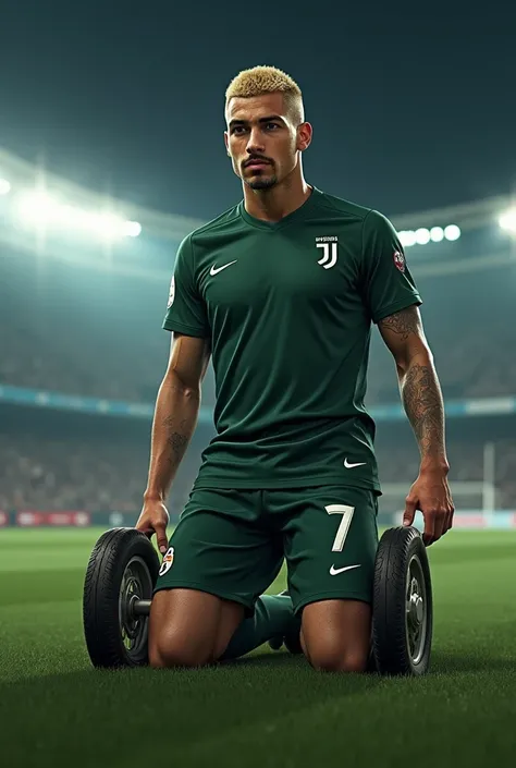 25-year-old man, Martiño Rivas ,
BLONDE BUZZCUT, chiseled jawline, green eyes, sexy, with masculine energy and small freckles, mustache, Serious look,  wearing a dark green Juventus jersey with white details and dark green shorts with number 7. Hes making ...