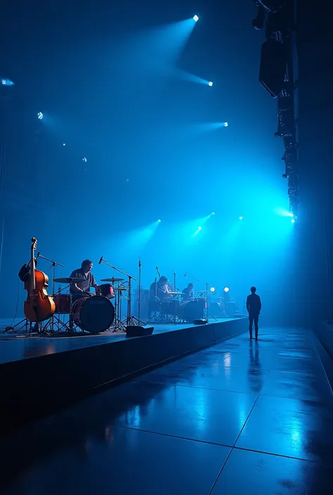  diagonal view of a concert stage, with instruments ,  without musicians illuminated with blue lights ,  light blue and white ,  with a frantic audience 