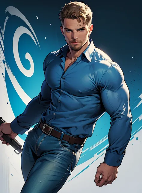 1 man, male focus solo,45 yo man,Stephen AMELL as private investigator,  lean muscle, open blue shirt, marine blue jeans with brown belt ,( big bulge), full body shot, dark blond short hair, well groomed facial hair, holding a gun with one hand, , ultra hi...