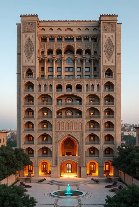  Create an image of a hotel with the name  "Time Hotel "  in the historical center of Bukhara , Uzbekistan.  The hotel building is designed in the architectural style ,  combining traditional Uzbek elements and modern design .  The facade is decorated with...