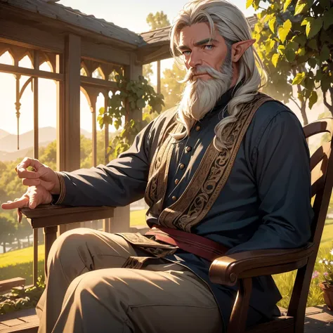 a middle-aged male elf, sitting in a chair, looking at a vineyard, detailed face, beautiful eyes, long beard, intricate costume, warm lighting, lush vineyard, rolling hills, golden hour, atmospheric, cinematic, muted colors, masterpiece, (best quality,4k,8...