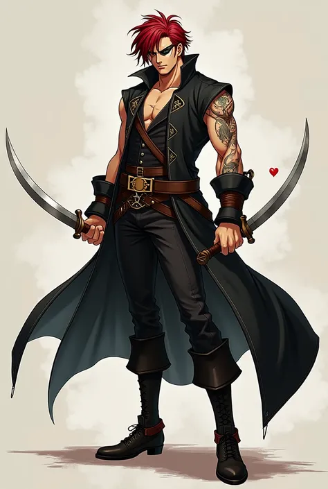 One Piece anime character:
---

Heres the revised version where Vandel is holding both his cutlass and a deck of cards:

---

**Prompt**:  
A tall, lean, and muscular pirate with dark red hair styled in a windswept, tousled manner, Vandel Redfield exudes b...