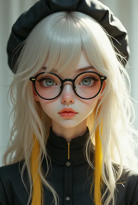 Lady with glasses ,  white complexion ,  long hair with yellow tips, high