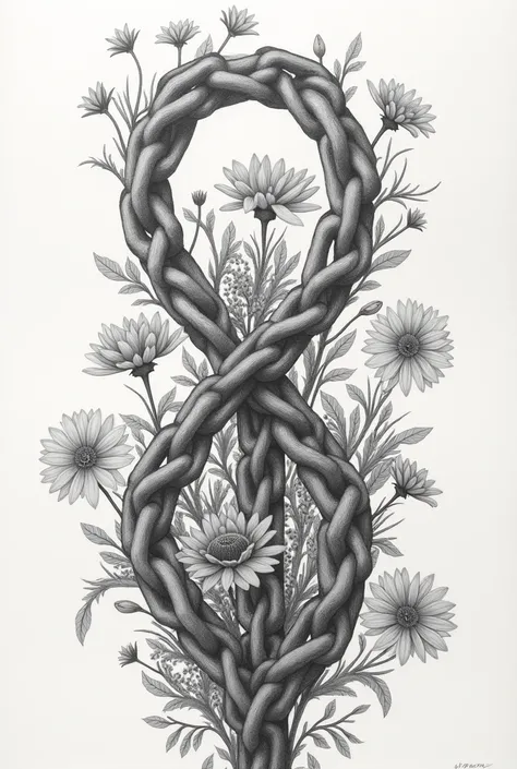 A page with pencil drawing of a lot of separate broken chains design with beautiful flowers appearing from the broken parts symbolising hope making it a design 