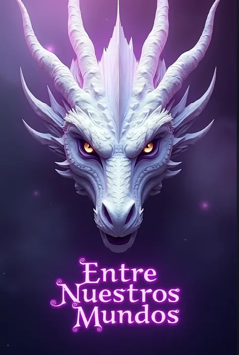  creates a purple cover with a the face of a white dragon with purple and on the bottom the name " between our worlds " In Spanish also bright purple 