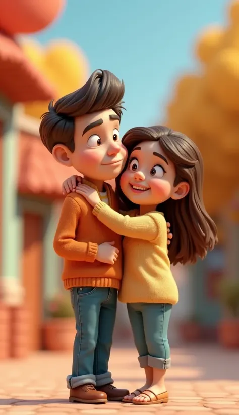  Cartoon husband and wife  ,  Husband looks serious  ,  They are standing,  and his wife hugs him happy 3d