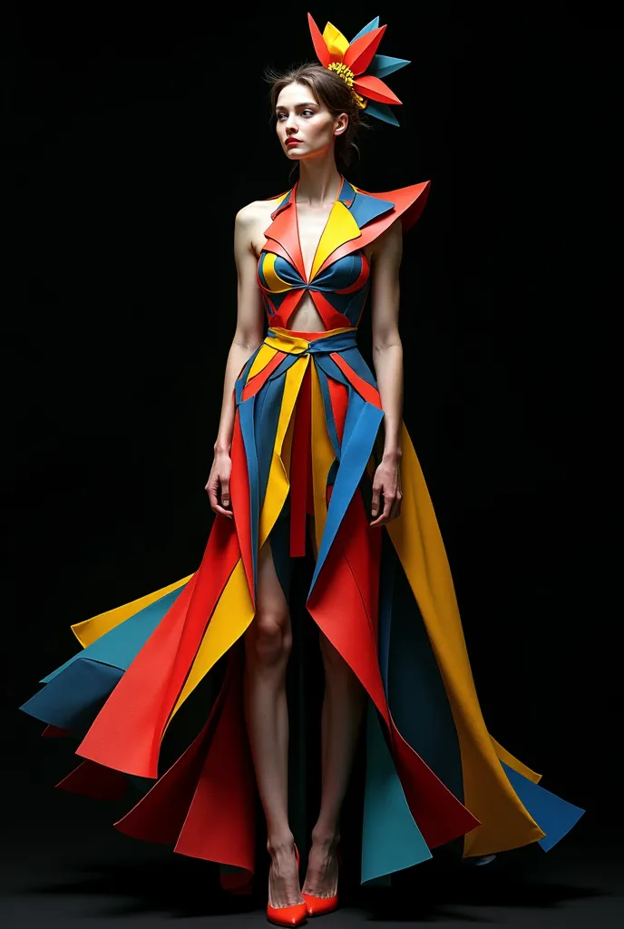 model in a dress with matching accessories inspired by the artistic style of Pablo Picasso paintings with a black background. Imagine a dress designed by Picasso if he were a fashion designer. 