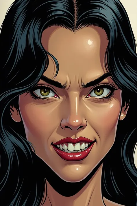 Do a close up of a womans malevolent look in comic book style 