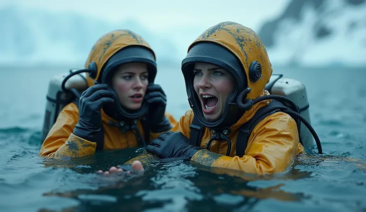  women (wearing  tight hazmatsuit) underwater  Antarcticas  iced surface puts her hands on her mouth because she cant breathe and trying desperately to take  her girl-friends ( wearing working glassed  helmet connected to oxygen tank) to breathe because sh...