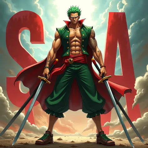 Write these three letters SoA on and next to them Zoro from One piece