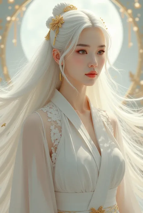 12 women ,  deities ,  moon goddesses ,  white hair,  golden hairpins in their hair, golden eyes,  dressed in snow-white hanfu, Mongoloid appearance, realism, twelve deities , humanizing the twelve lunar months.  woman first moon ,  woman second moon , wom...