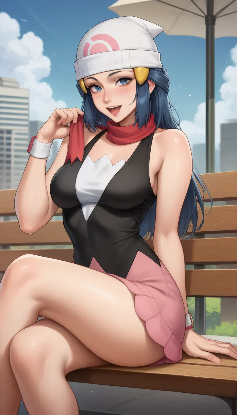 portrait of a woman in the style sciamano240, dawn_\(pokemon\), long blue hair, bright blue eyes, large breasts, pink skirt, whi...