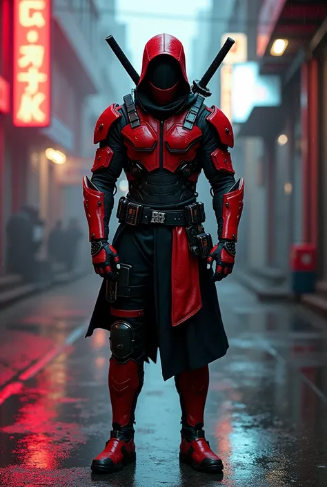 "Front-view of a charismatic and witty anti-hero wearing a sleek red and black armored suit, similar to a tactical ninja outfit, with detailed textures and sharp lines. The character has a dual katana harness on his back, futuristic weapons strapped to his...