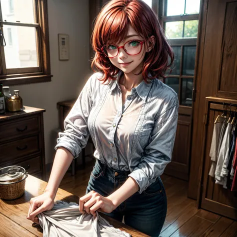 Ironing short ,  red hair .  green eyes ,  glasses with metal frame ,  smiling girl.