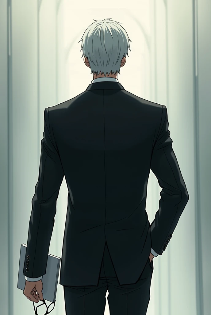  anime style . Man from behind. Wearing black dress clothes and silver hair, in your hand several papers and a pair of dark glasses .