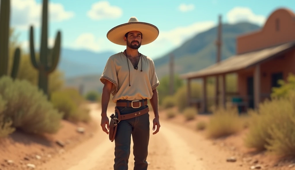 (photorealism:1.2), A distant view of a Mexican-looking man standing in a natural outdoor setting, such as a desert or a small rural village. He is wearing a wide-brimmed sombrero, a light poncho or traditional shirt, and dark pants. His face is not fully ...