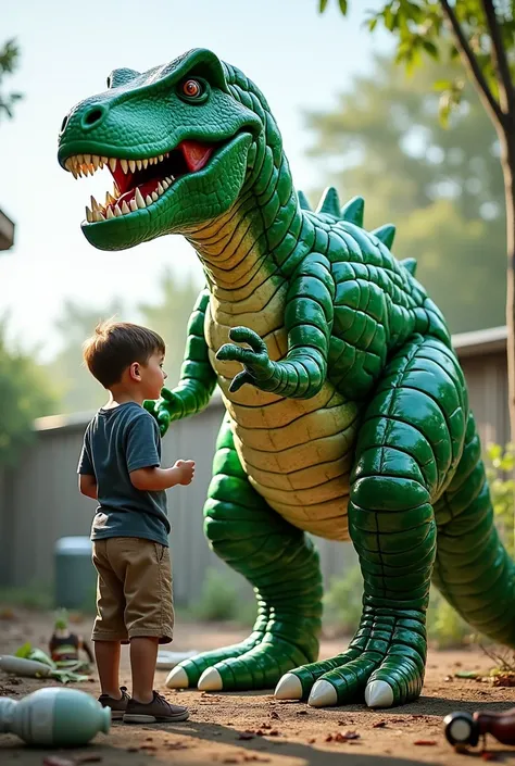 Create an image of a boy building a dinosaur out of bottles the Rex all made of bottles only bottles 